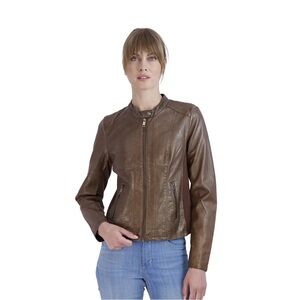 Women’s Brown Faux Leather Jacket with Knit Sleeve Panels by Sebby Collection 1X